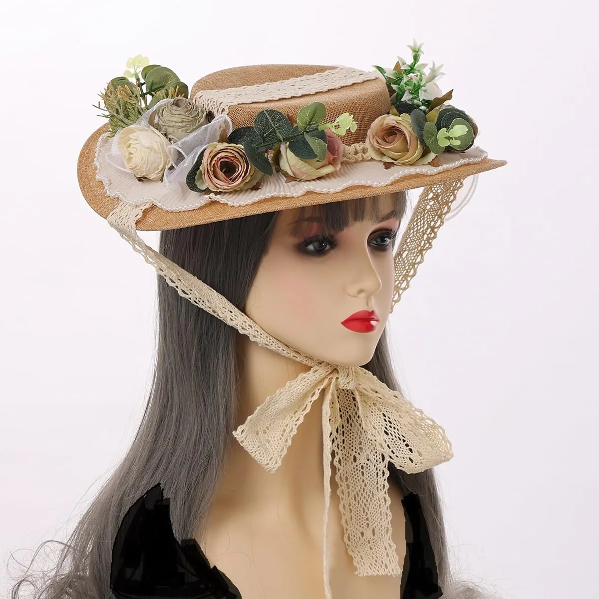 Victorian Womens Tea Party Sun Hat Lolita Bows Florals Flat Straw Hats Brown