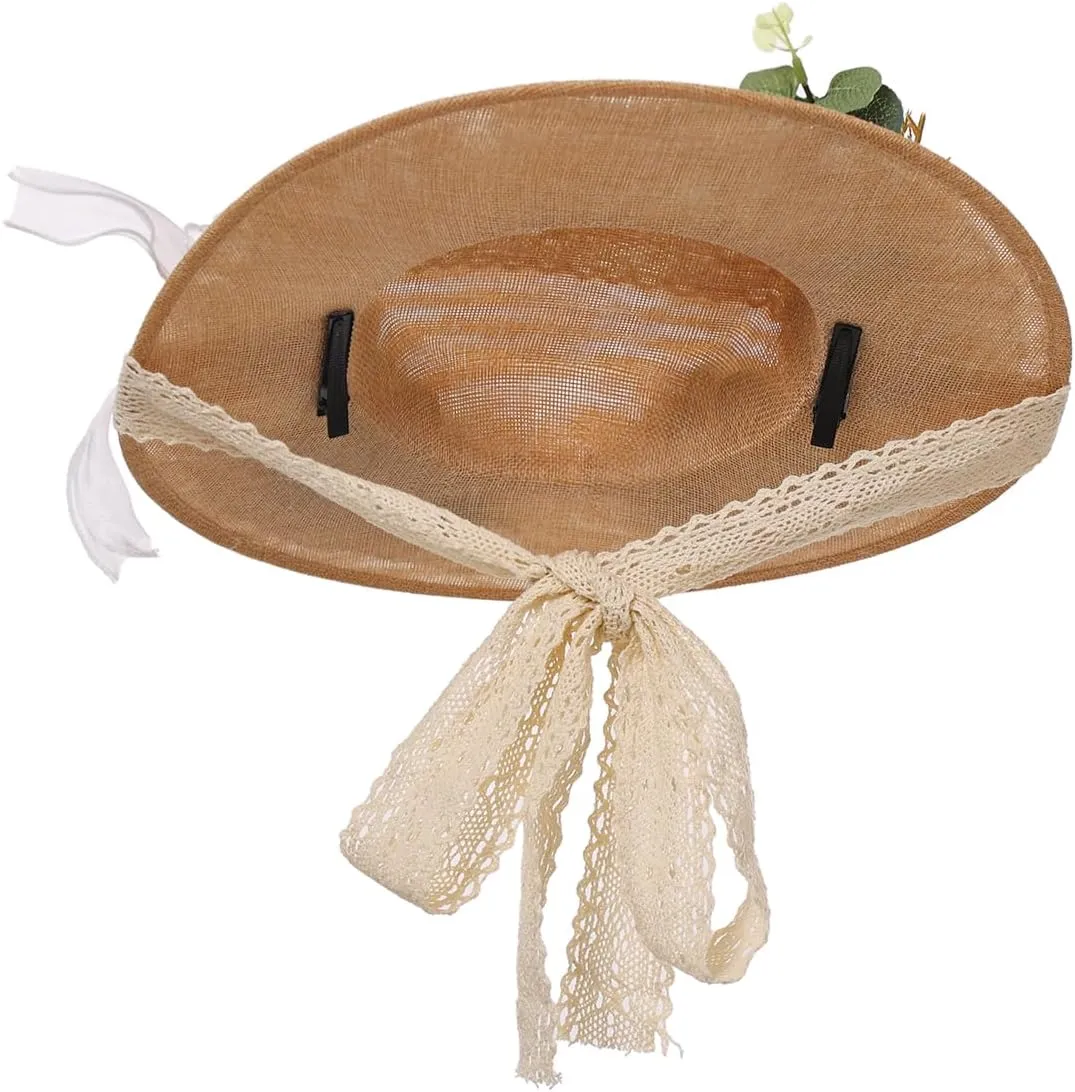 Victorian Womens Tea Party Sun Hat Lolita Bows Florals Flat Straw Hats Brown