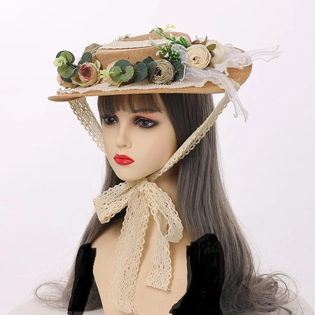 Victorian Womens Tea Party Sun Hat Lolita Bows Florals Flat Straw Hats Brown