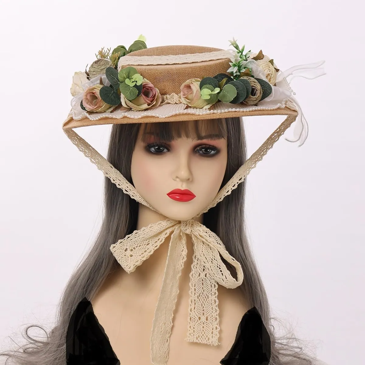 Victorian Womens Tea Party Sun Hat Lolita Bows Florals Flat Straw Hats Brown