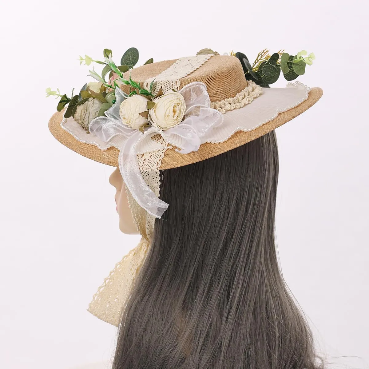 Victorian Womens Tea Party Sun Hat Lolita Bows Florals Flat Straw Hats Brown