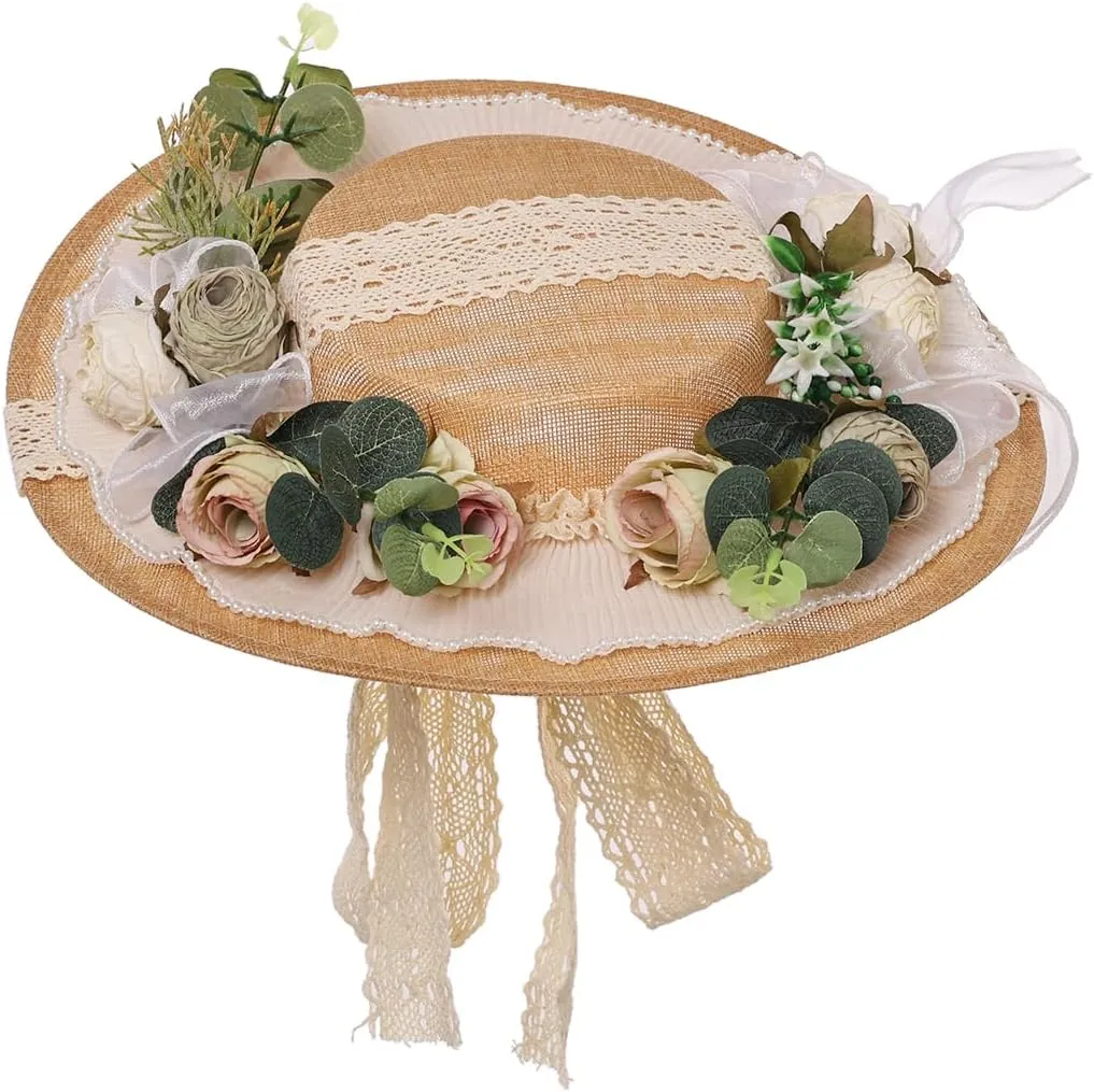 Victorian Womens Tea Party Sun Hat Lolita Bows Florals Flat Straw Hats Brown