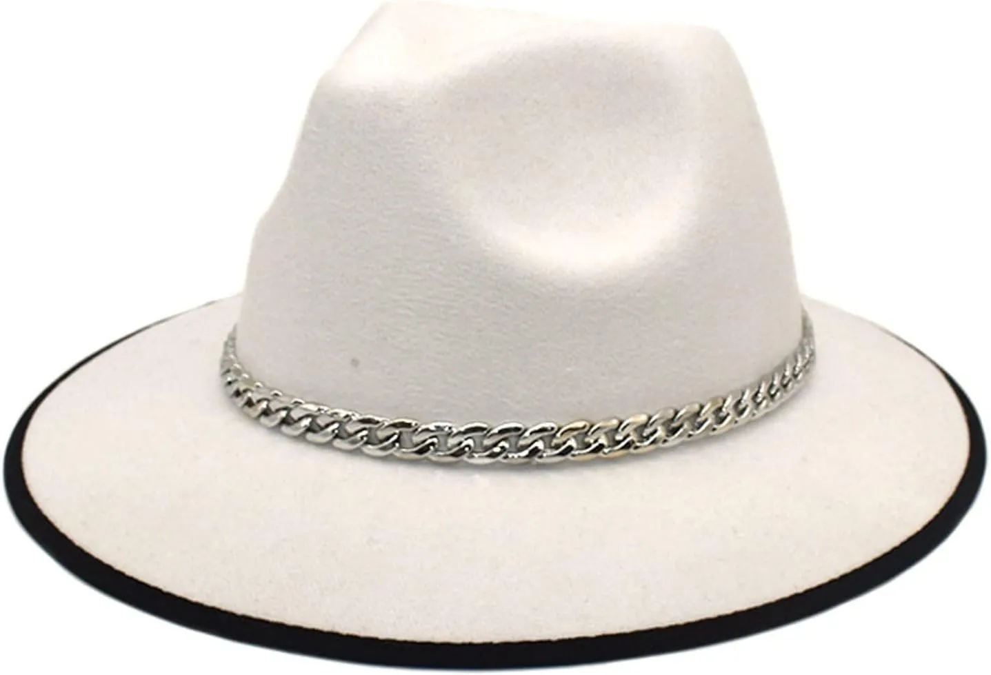 Wide Brim Fedora Cap for Women Men Solid Color Dress Hat Panama Hat with Belt Chain