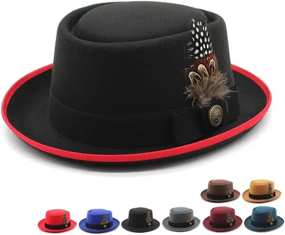 Women Men Small Brim Feather Bowler Hat British Style Hip Hop Fedora Hat