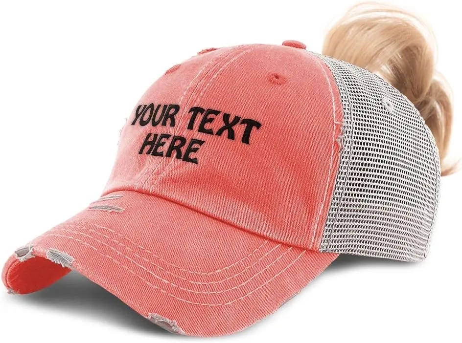 Womens Ponytail Cap Custom Personalized Text & Name Distressed Moms Trucker Hats