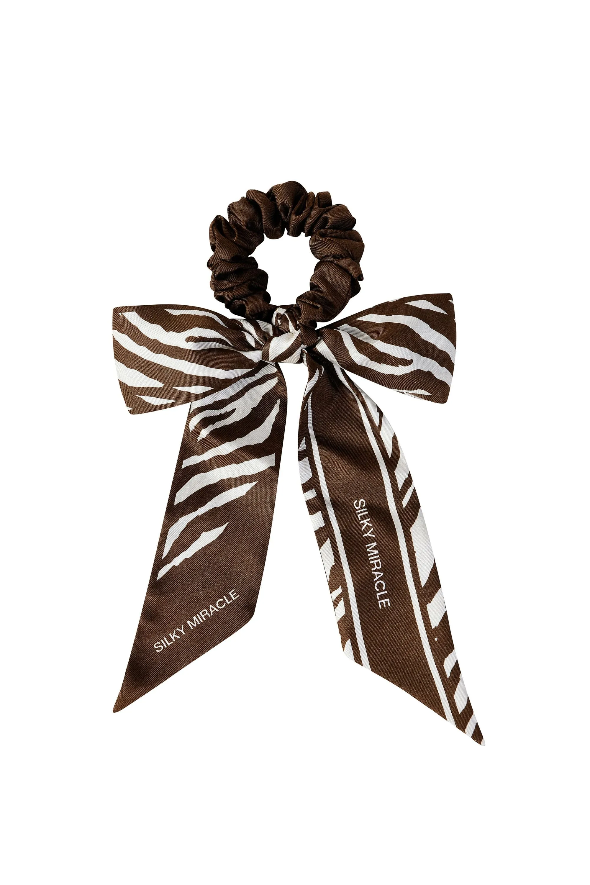 Zebra Print Brown Bow Silk Scrunchie
